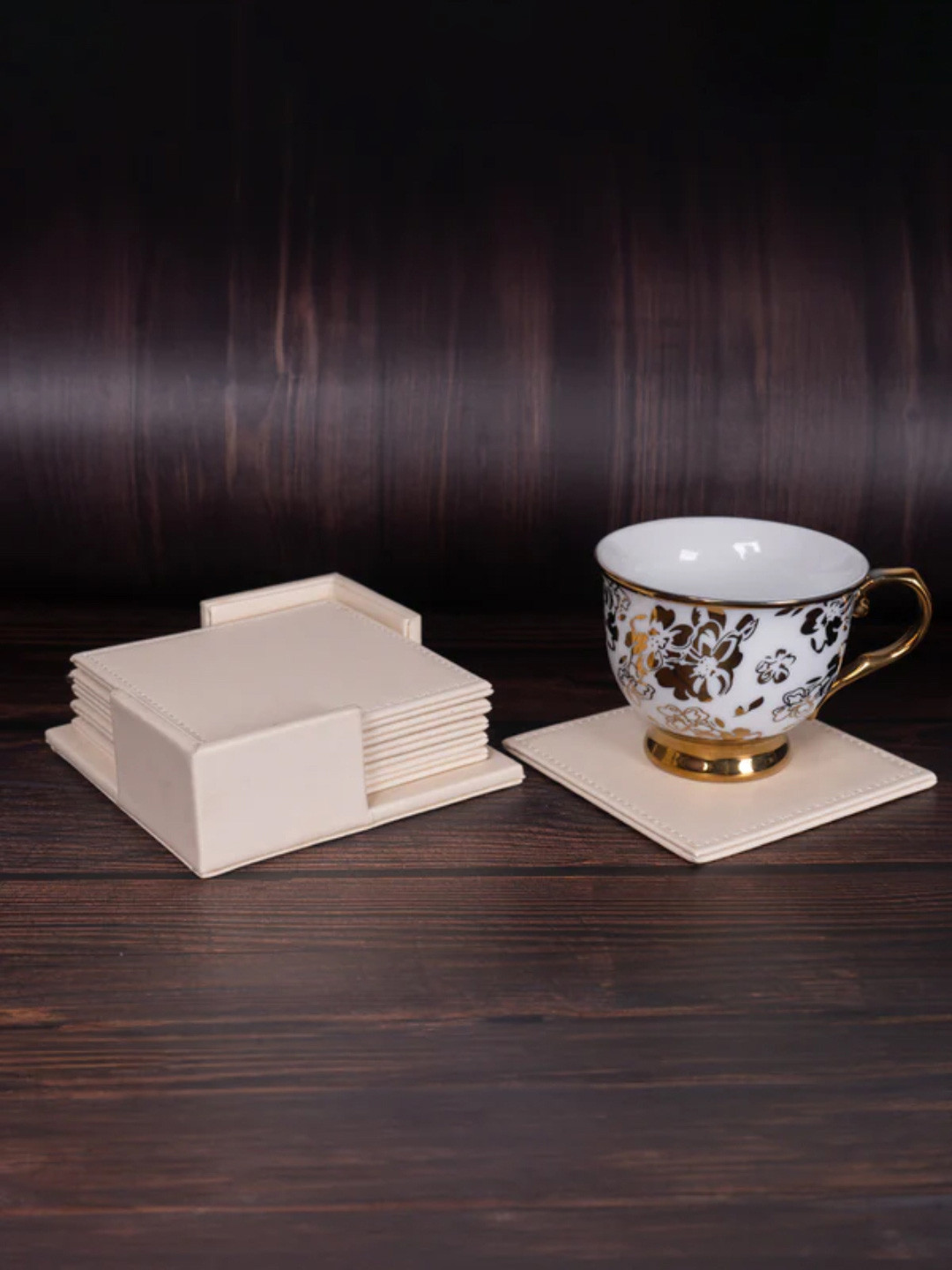 Aarvi Decor Faux Leather Matt Finish Cream Square Coaster