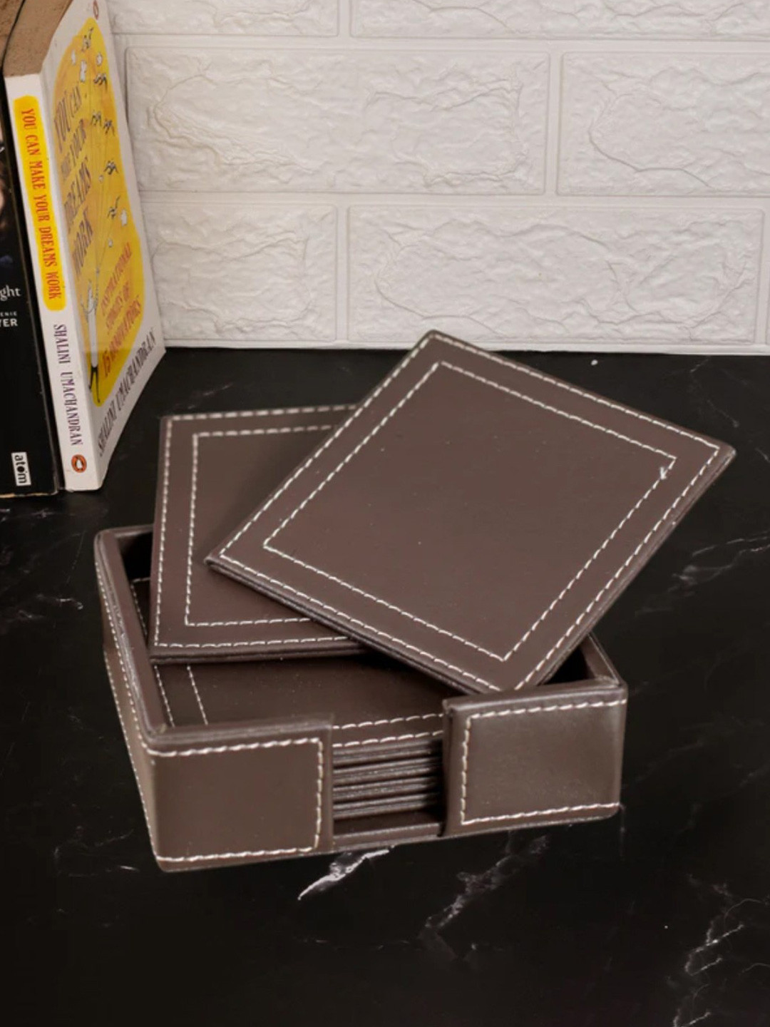 Aarvi Decor Faux Leather Matt Finish Brown Square Coaster - Set Of 6