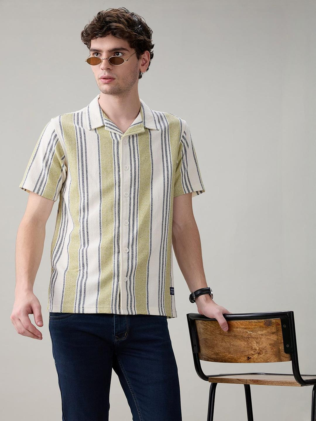 Status Quo Striped Cuban Collar Standard Regular Fit Casual Shirt