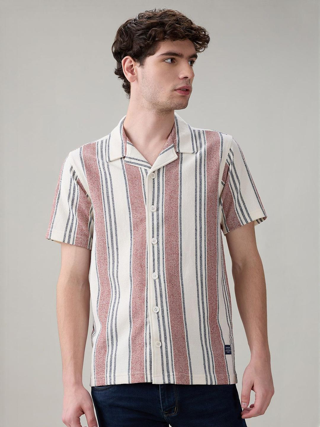 Status Quo Standard Fit Vertical Striped Cuban Collar Wrinkle Free Casual Shirt