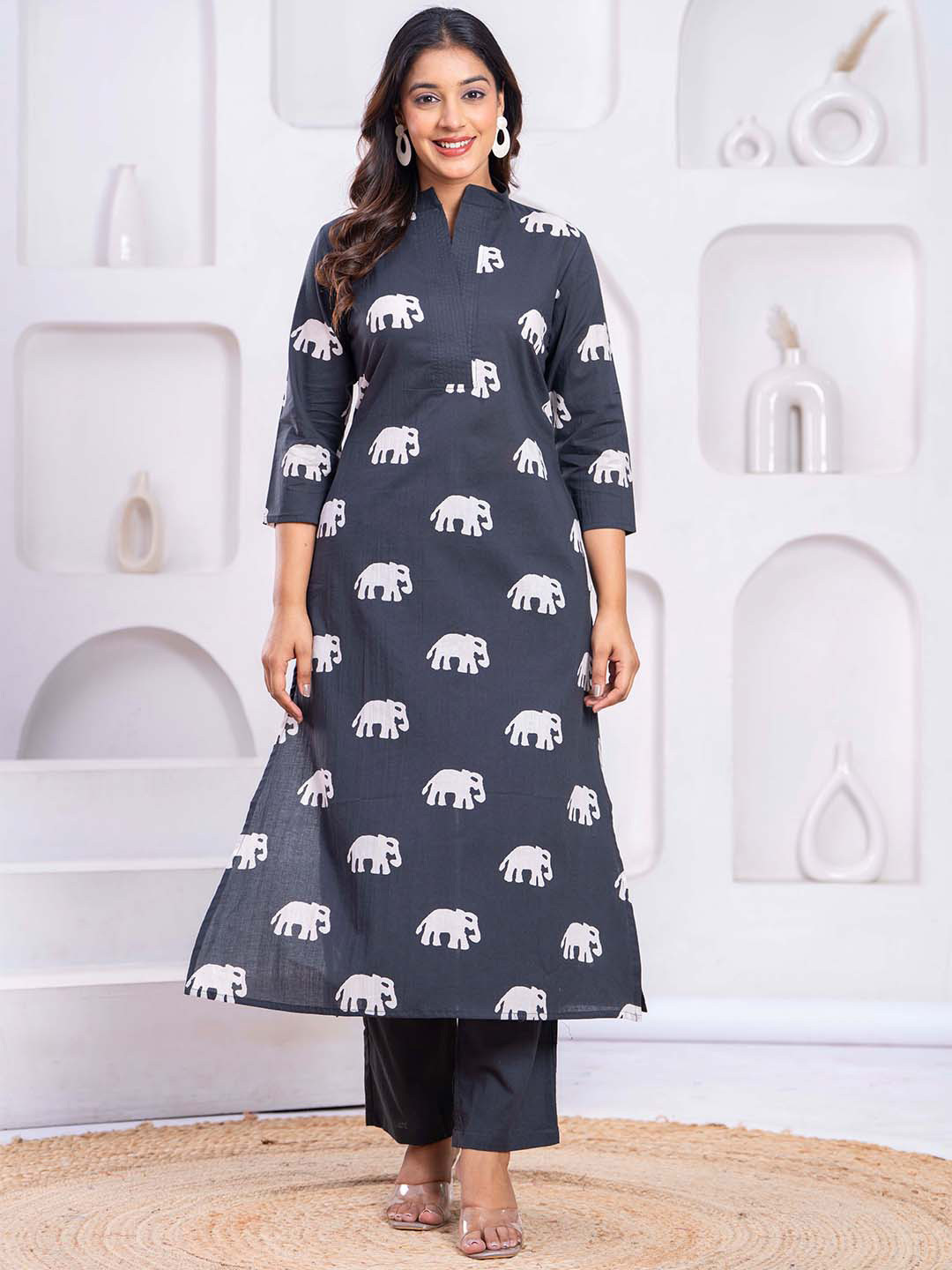 Coordnord Printed Mandarin Neck Three Fourth Sleeve Tunic With Trouser Co-Ords