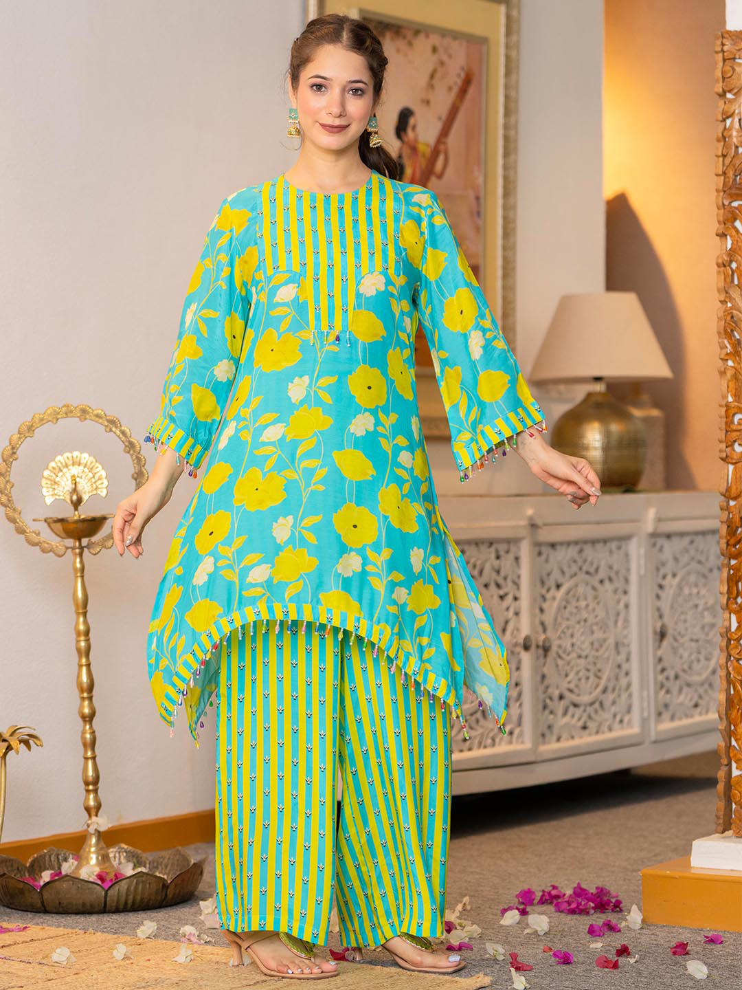 Coordnord Printed Round Neck Long Sleeve Tunic With Palazzo Co-Ords