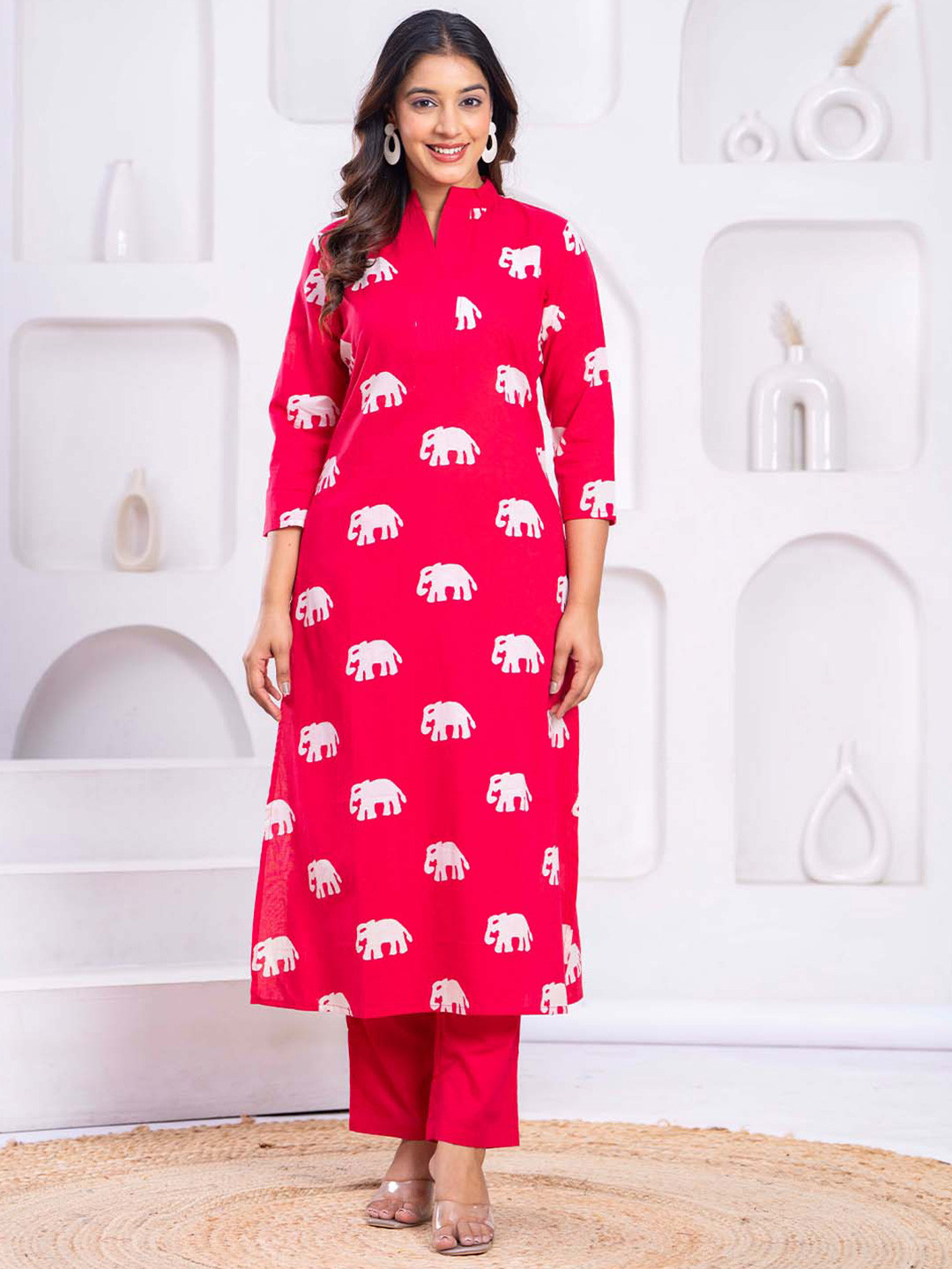 Coordnord Pure Cotton Printed Mandarin Neck Three Fourth Sleeve Tunic With Trouser Co-Ords