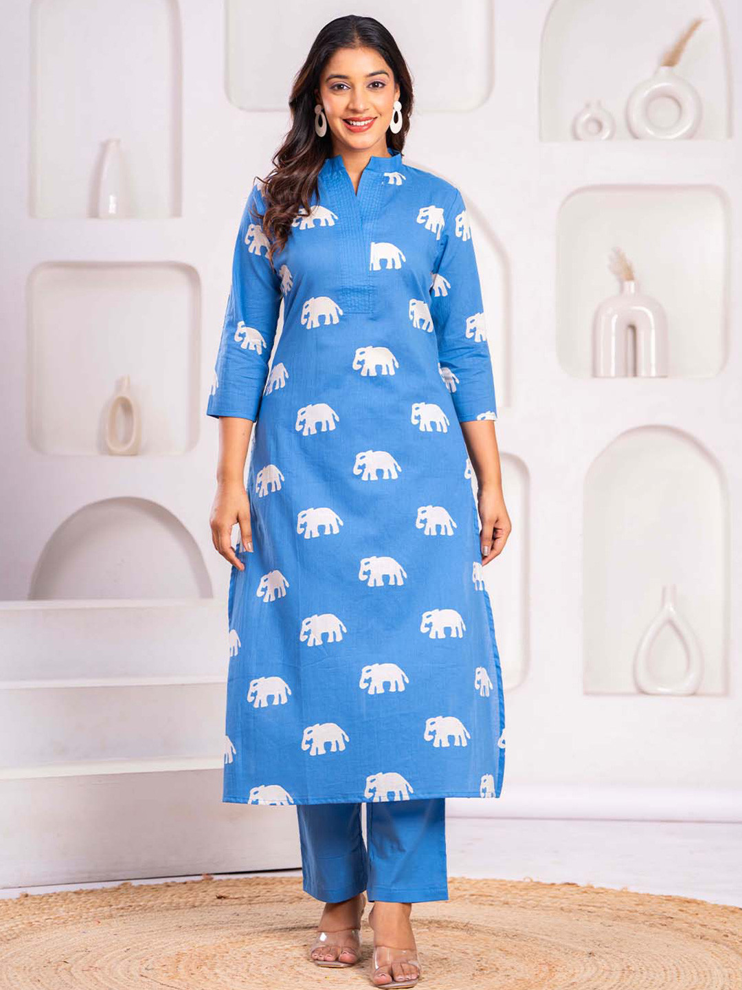 Coordnord Pure Cotton Printed Mandarin Neck Three Fourth Sleeve Tunic With Trouser Co-Ords