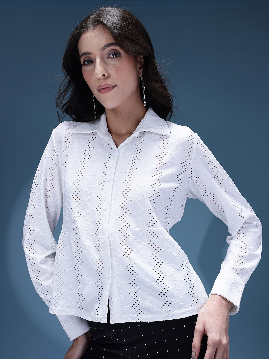 bebe Women Optic White Premium Schiffli Casual Shirt