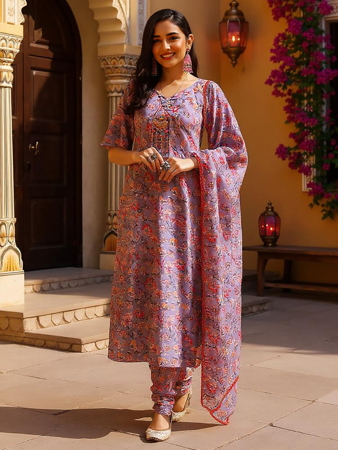SZN Floral Printed Twisted Neck Straight Kurta With Churidar & Dupatta