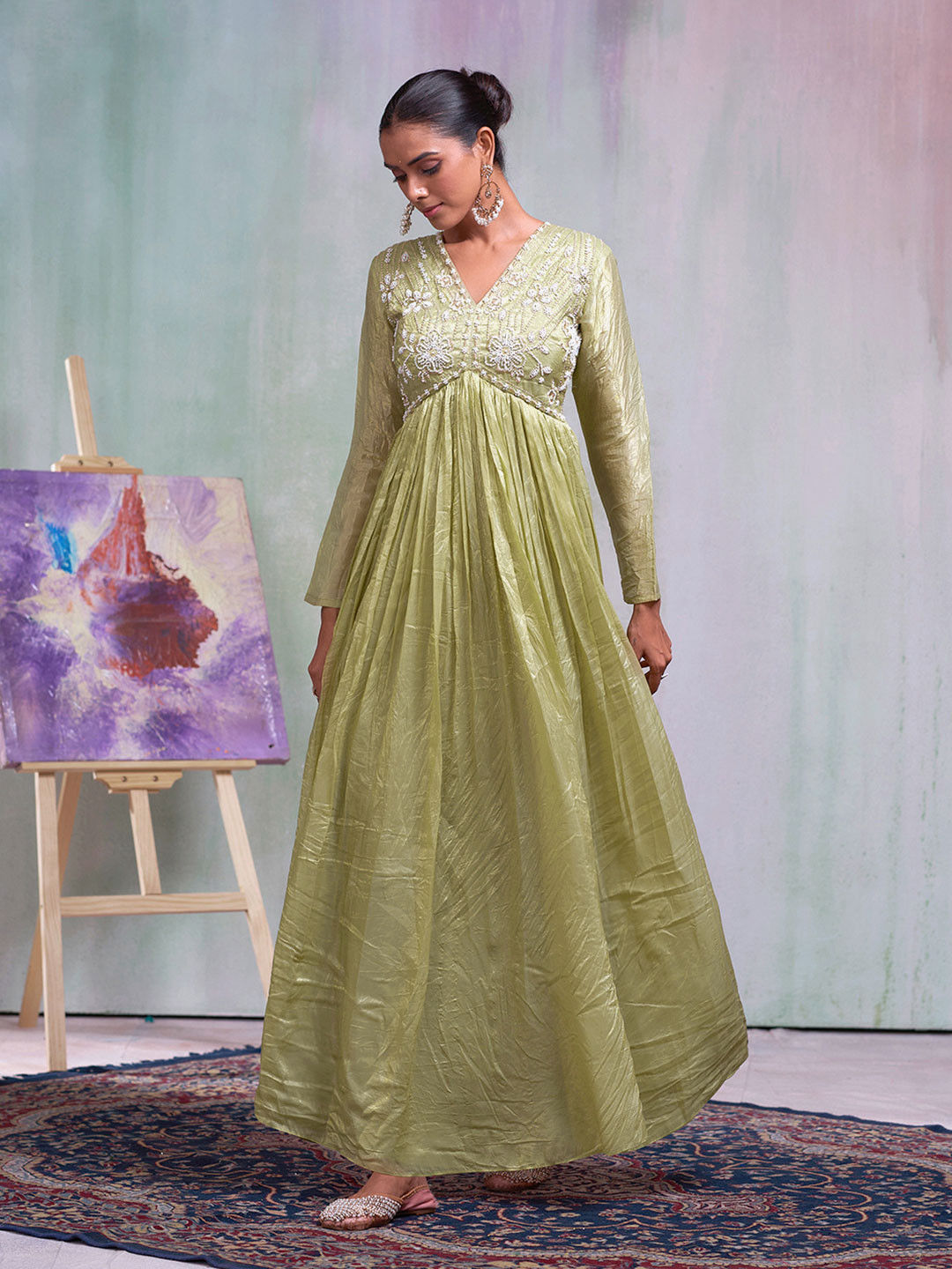 CHHAAP Embroidered With Pearl Embellishment Flared Ethnic Dress