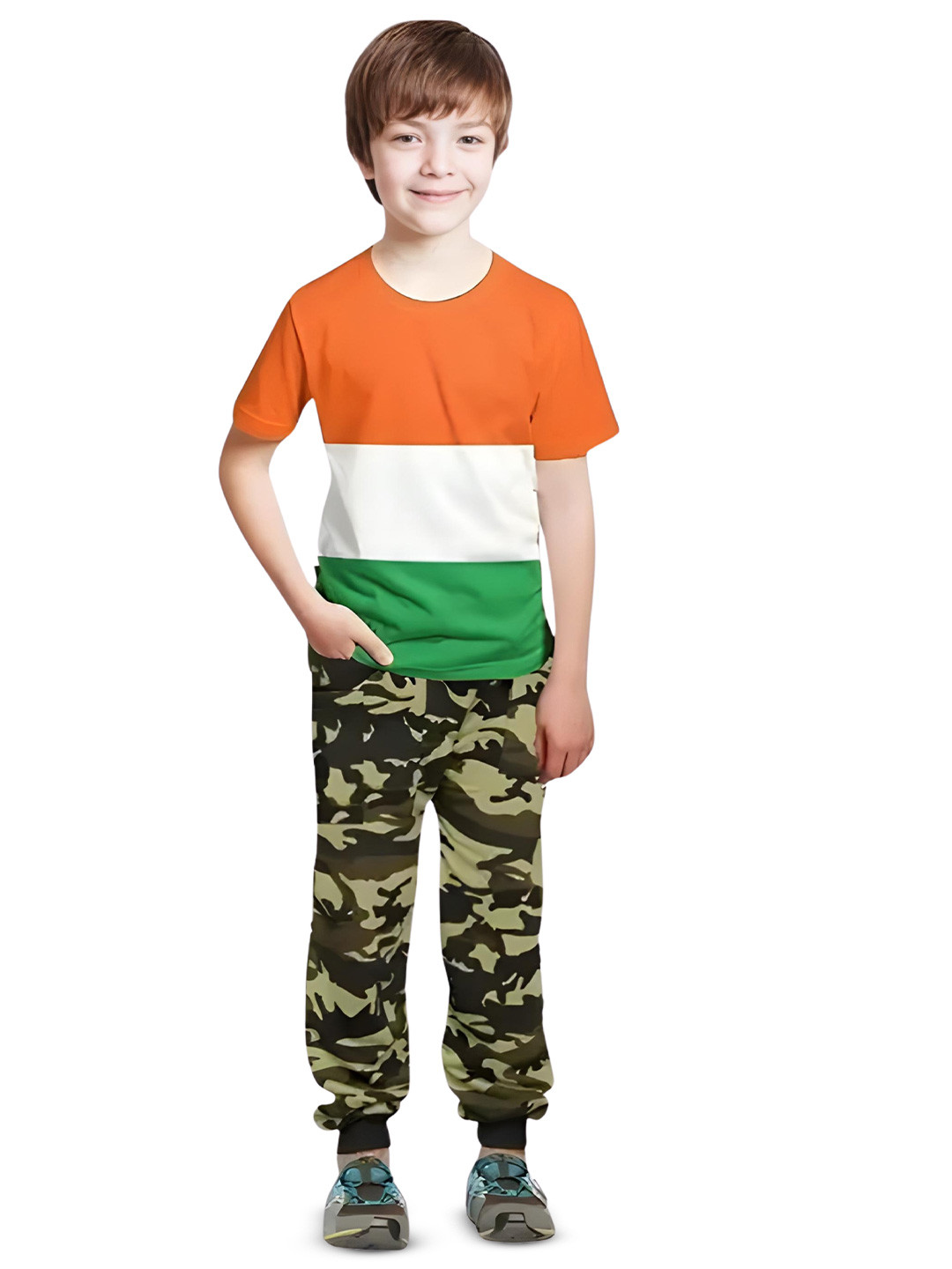 TICOSS Kids Tricolor Round Neck T-shirt With Camouflage Joggers