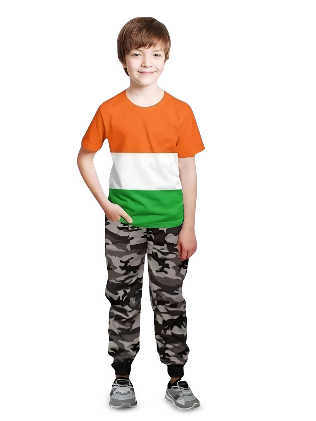 TICOSS Kids Tricolor Round Neck T-shirt With Camouflage Joggers