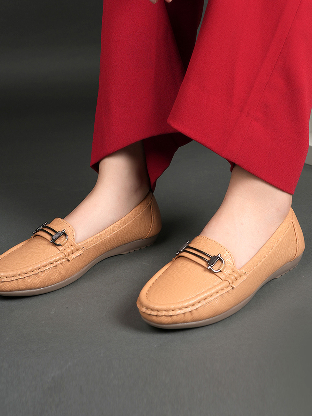 DressBerry Women Textured Patent Leather Loafers with Buckle