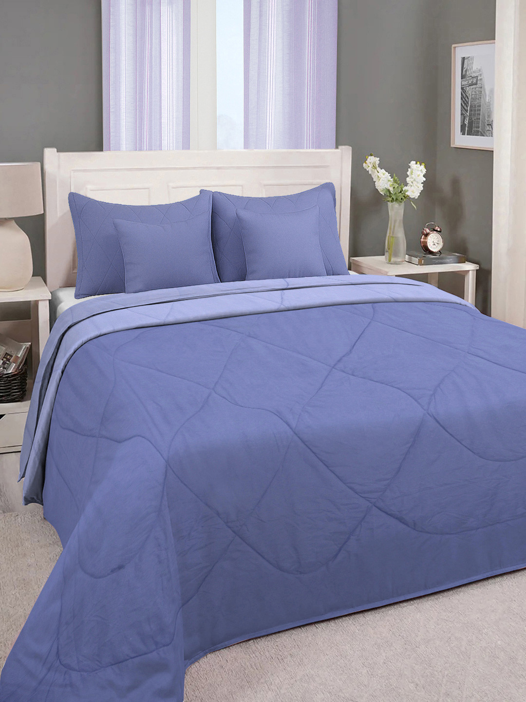 Myntra Elegant Homes Blue Solid Printed Flat 350 GSM AC Room King Double Bed Comforter