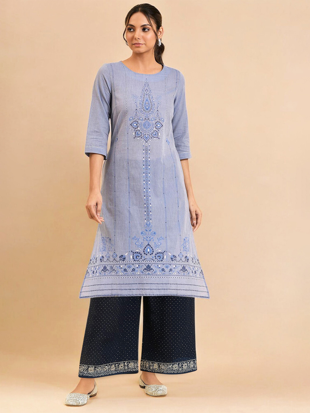 W Floral Printed Pure Cotton Round Neck Straight Kurta With Trousers