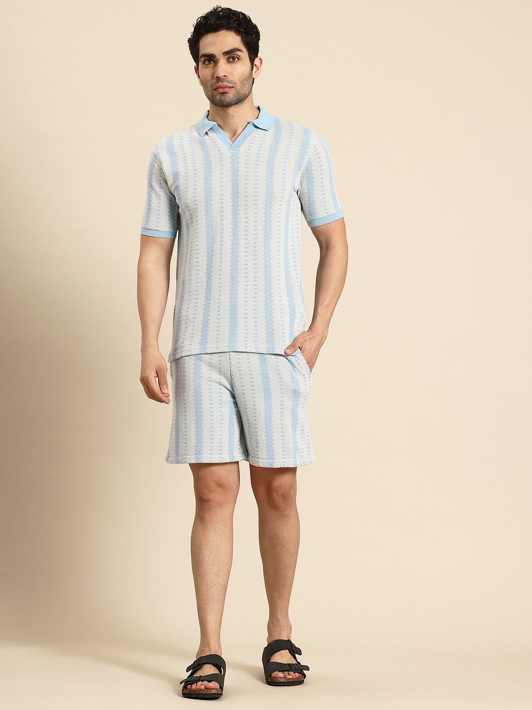 ARMISTO Men Self Design Crochet Resort T-shirt With Shorts Co Ord Set