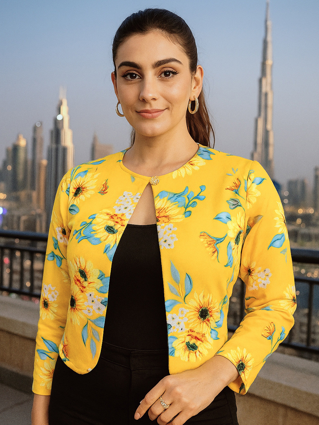 FLYING FEST Women Printed Crop Button Shrug