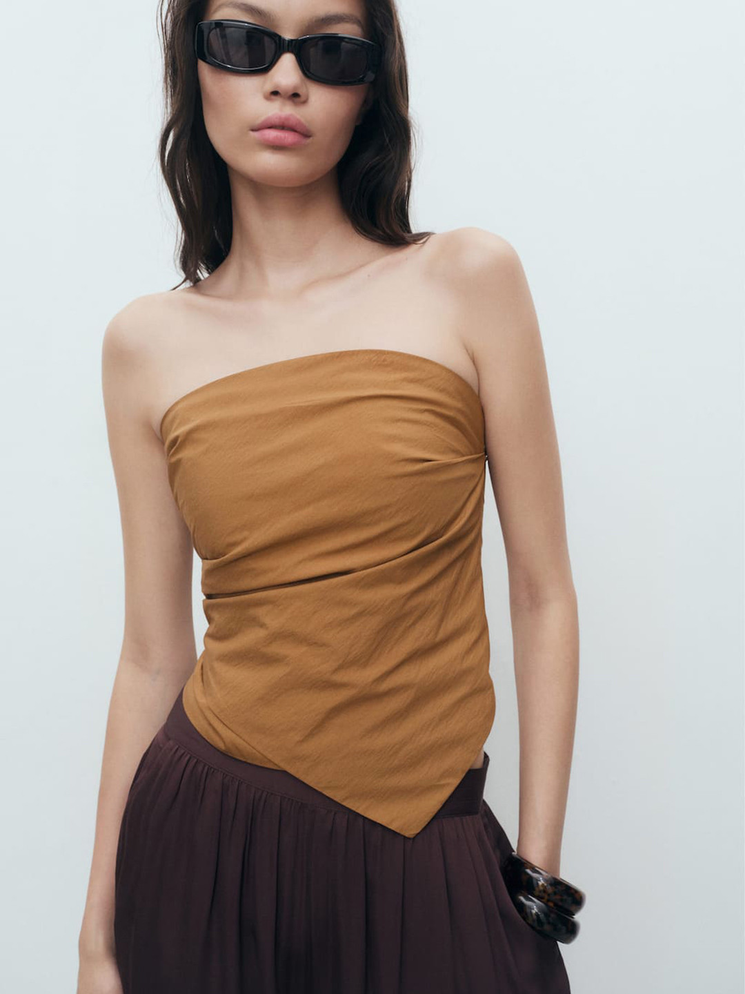 MANGO Off-Shoulder Smocked Asymmetric Bandeau Crop Top