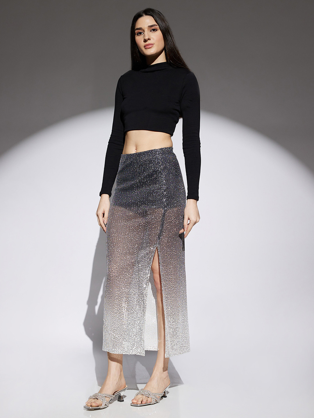 Globus Ombre Pattern Sequin Detail Side Slit Pencil Midi Party Skirt