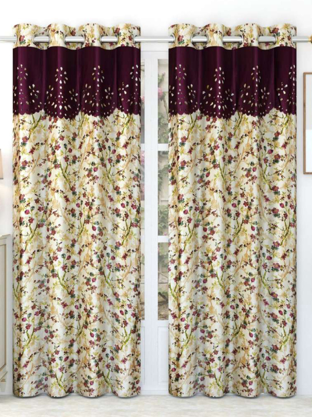 Aura White & Purple 2 Pieces Floral Printed Door Curtains