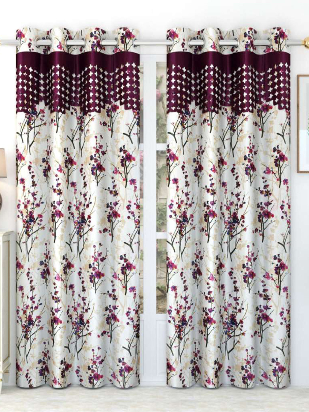 Aura White & Purple 2 Pieces Floral Door Curtains