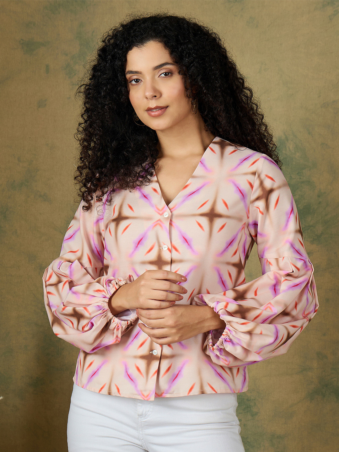 IVY BY KIBO Women Tie and Dyed Bishop Sleeves Shirt Style Top