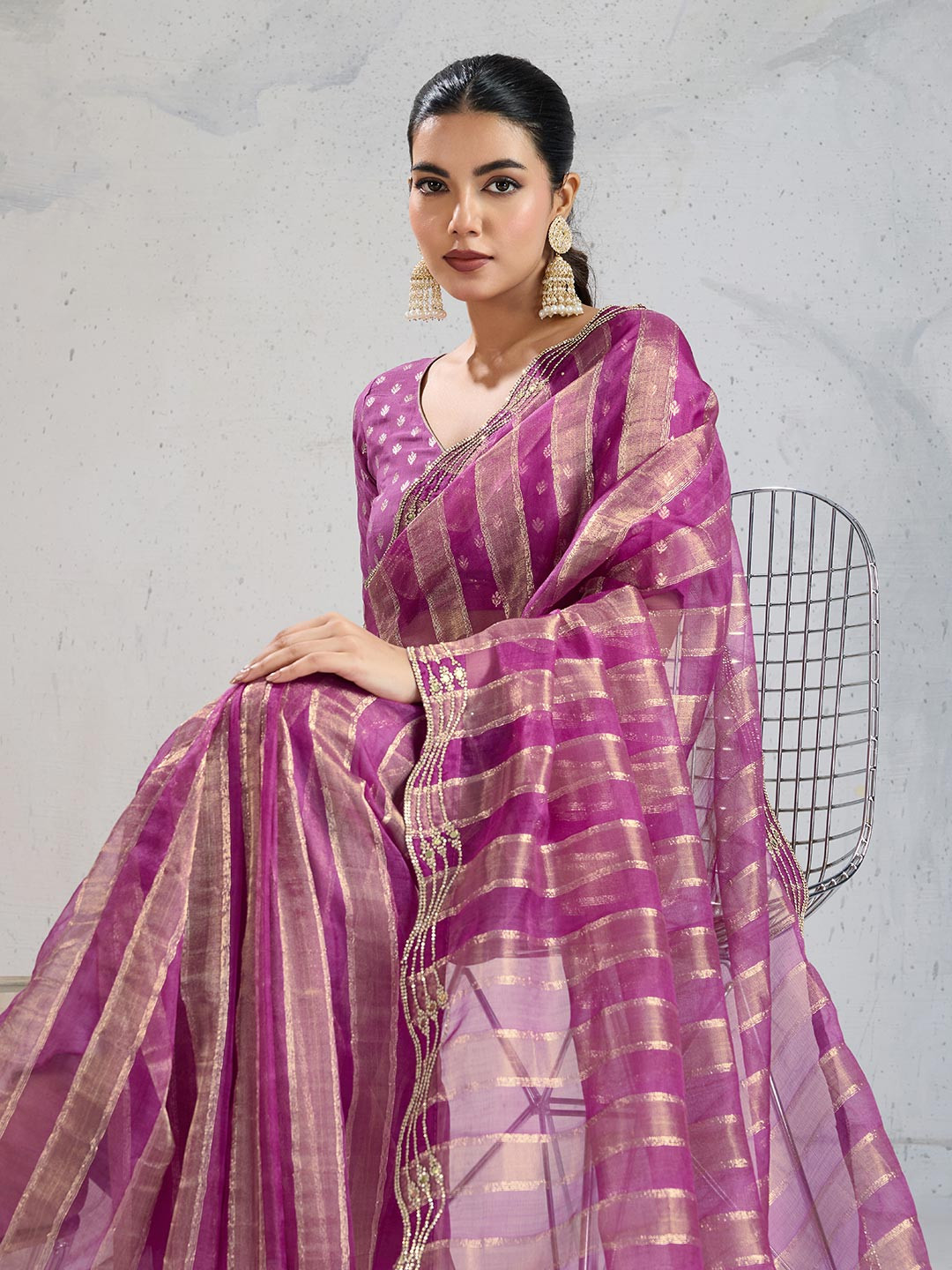 PBS PRINTS Striped Beads and Stones Tissue Saree