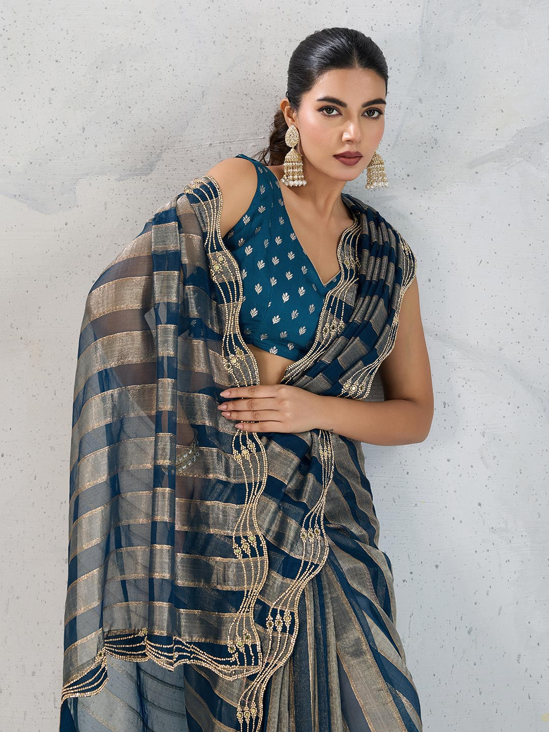 PBS PRINTS Striped Beads and Stones Tissue Saree