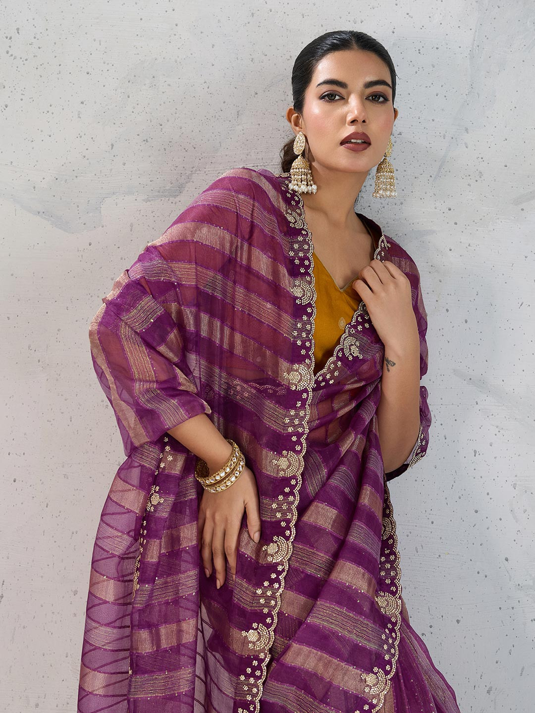 PBS PRINTS Striped Beads And Stones Tissue Saree