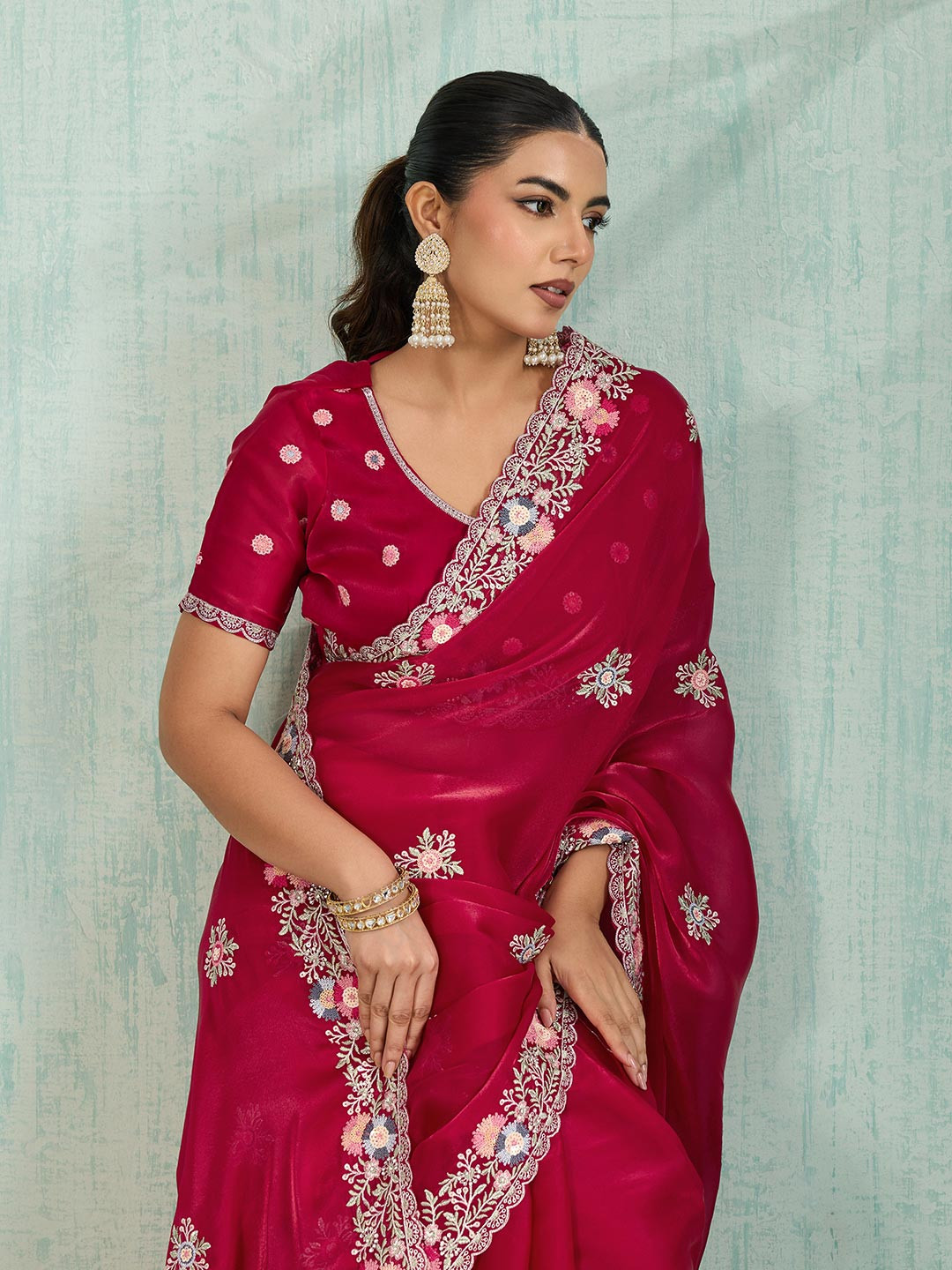 PBS PRINTS Floral Embroidered Sequinned Satin Saree