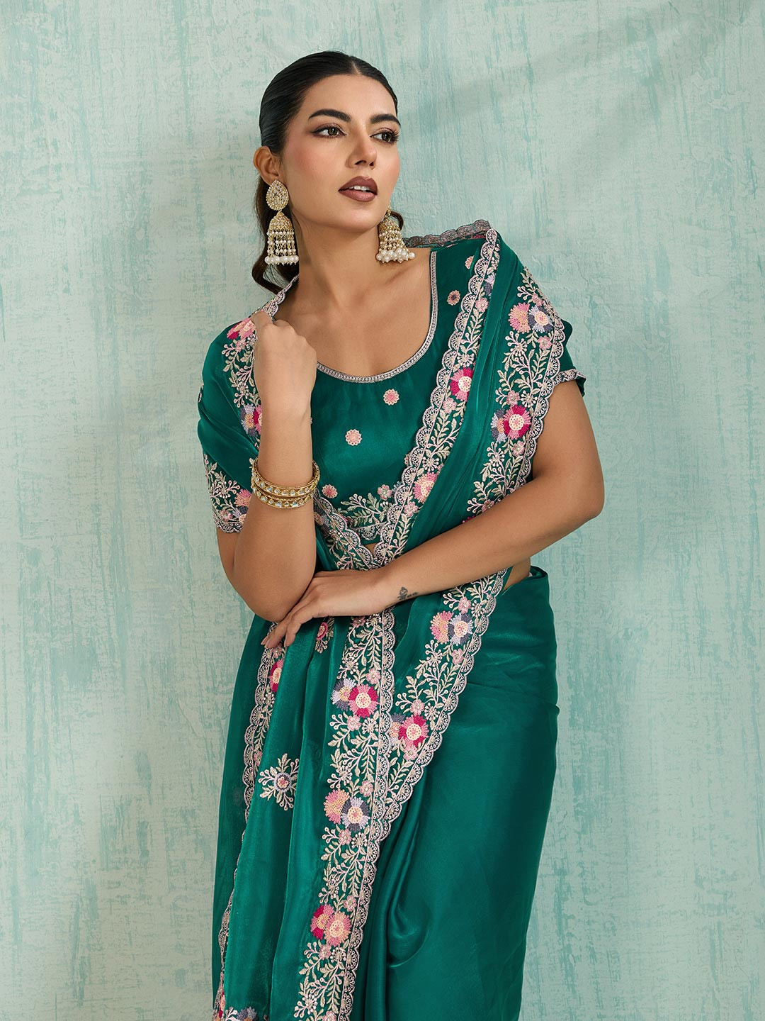 PBS PRINTS Floral Embroidered Sequinned Satin Saree