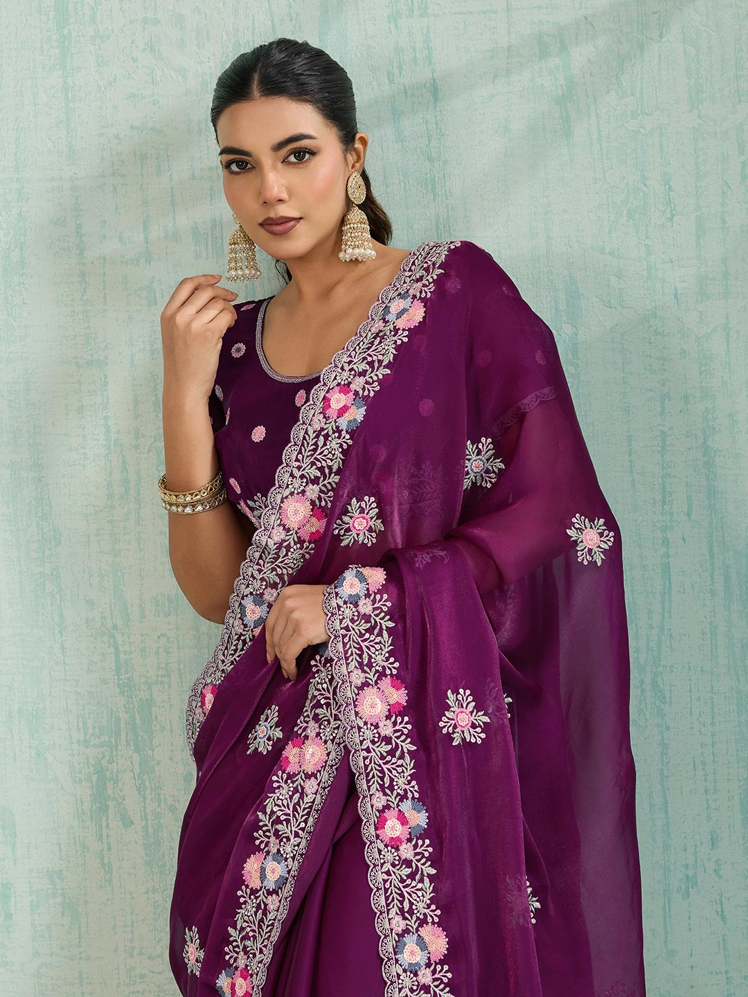 PBS PRINTS Floral Sequinned Satin Saree