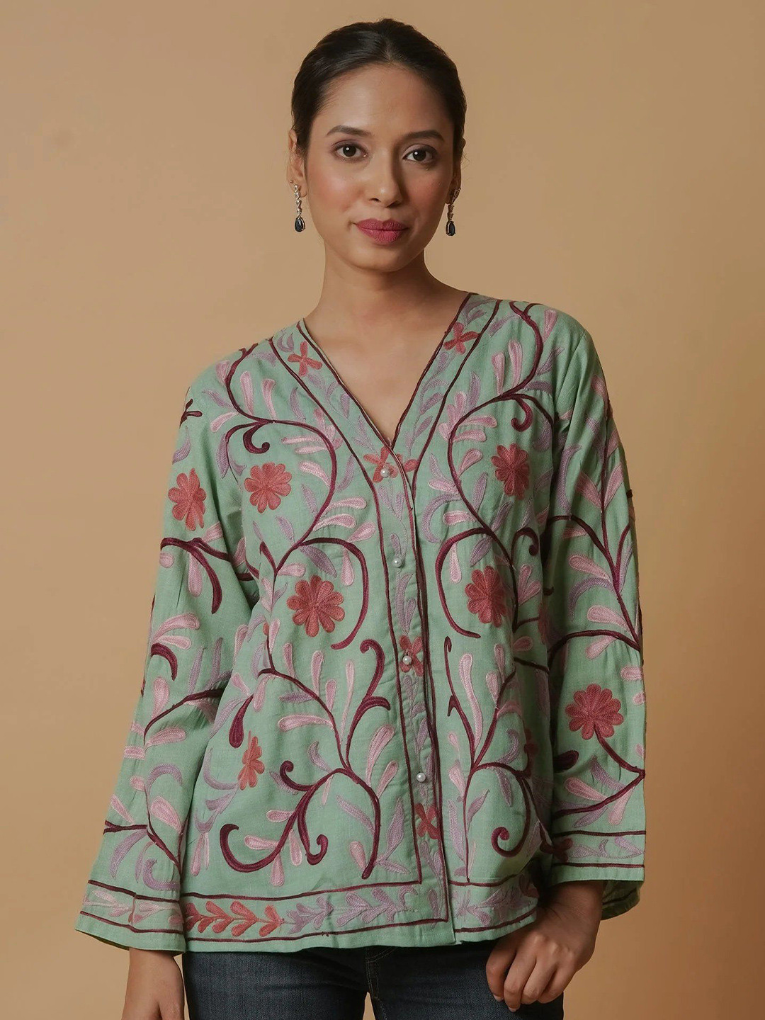 HOUSE OF KARI Women Floral Embroidered Aari Work Cotton Kashmiri Jacket Style Top
