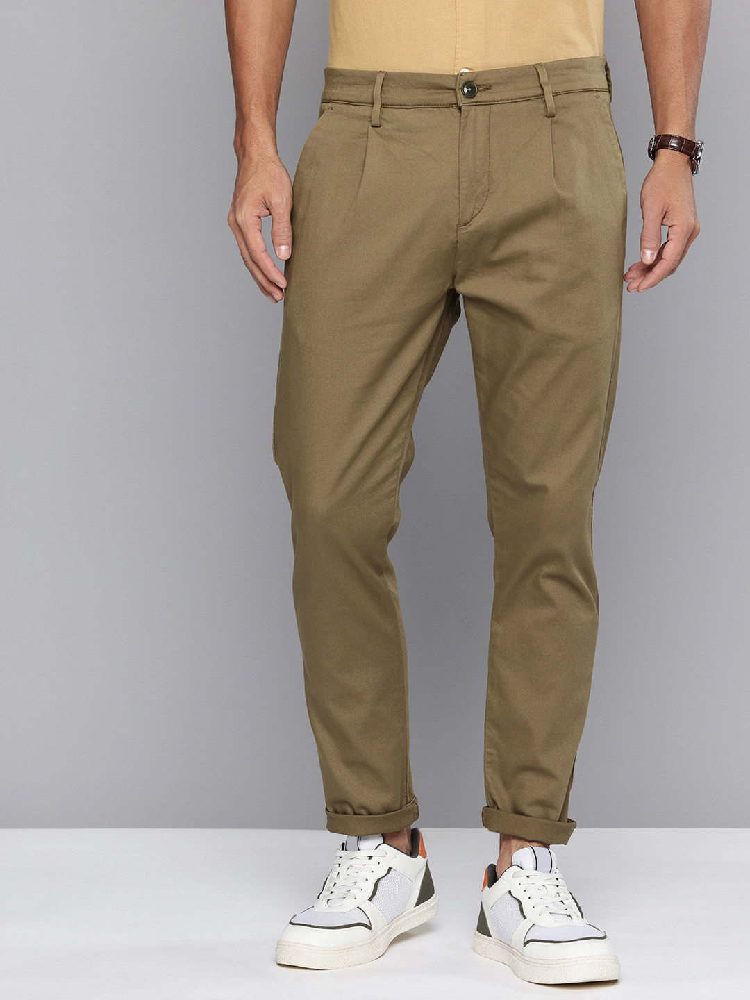 Flying Machine Men Self Design Slash Slim Tapered Fit Textured Pleated Chinos Trousers