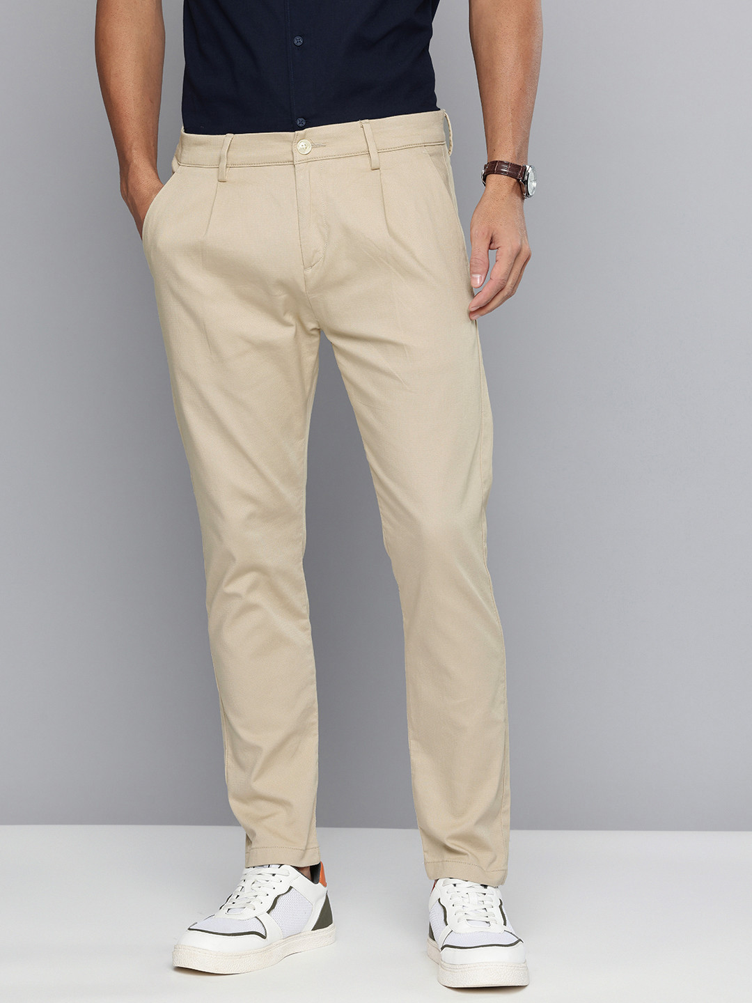 Flying Machine Men Self Design Slash Slim Tapered Fit Textured Pleated Chinos Trousers