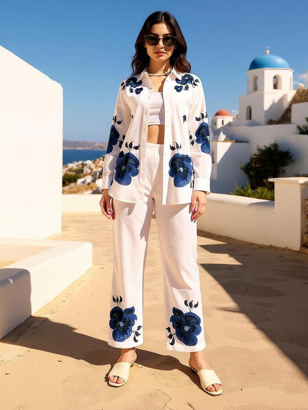 Zummer Embroidered Cotton Collared Neck Long Sleeve Shirt With Trouser Co-Ords