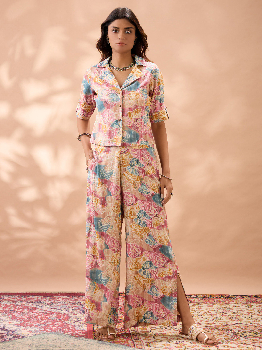 Globus Floral Printed Lapel Collar Shirt With Wide Leg Trousers Co-Ords