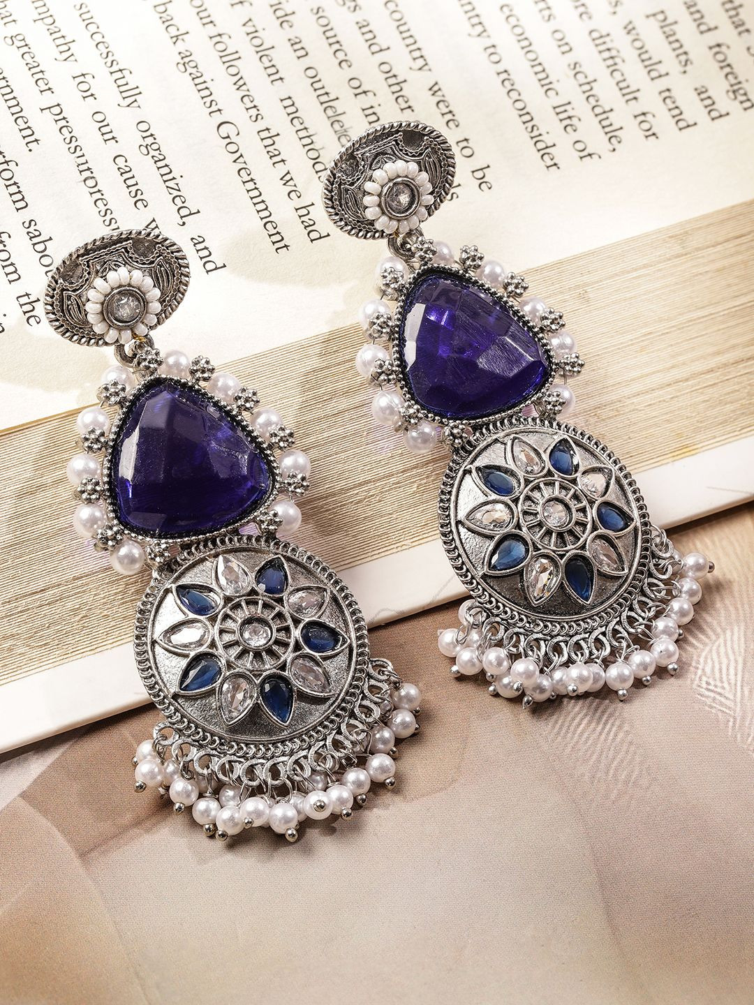 Rubans Oxidised Silver-Plated Purple Stone & Blue-White Beaded Statement DropEarrings