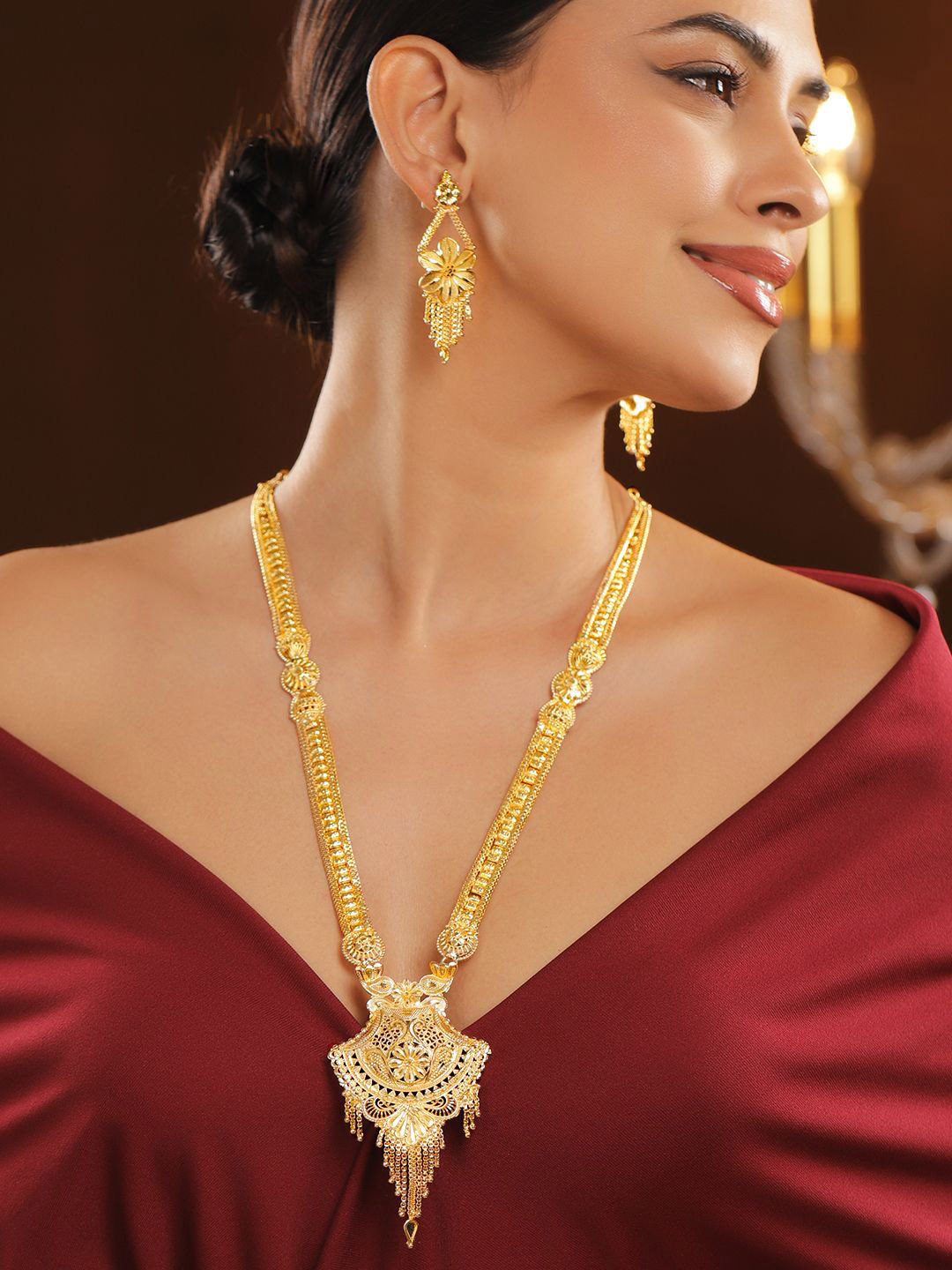 Rubans 18K Gold-Plated Floral Filigree Long Necklace Set with Statement Drop Pendant