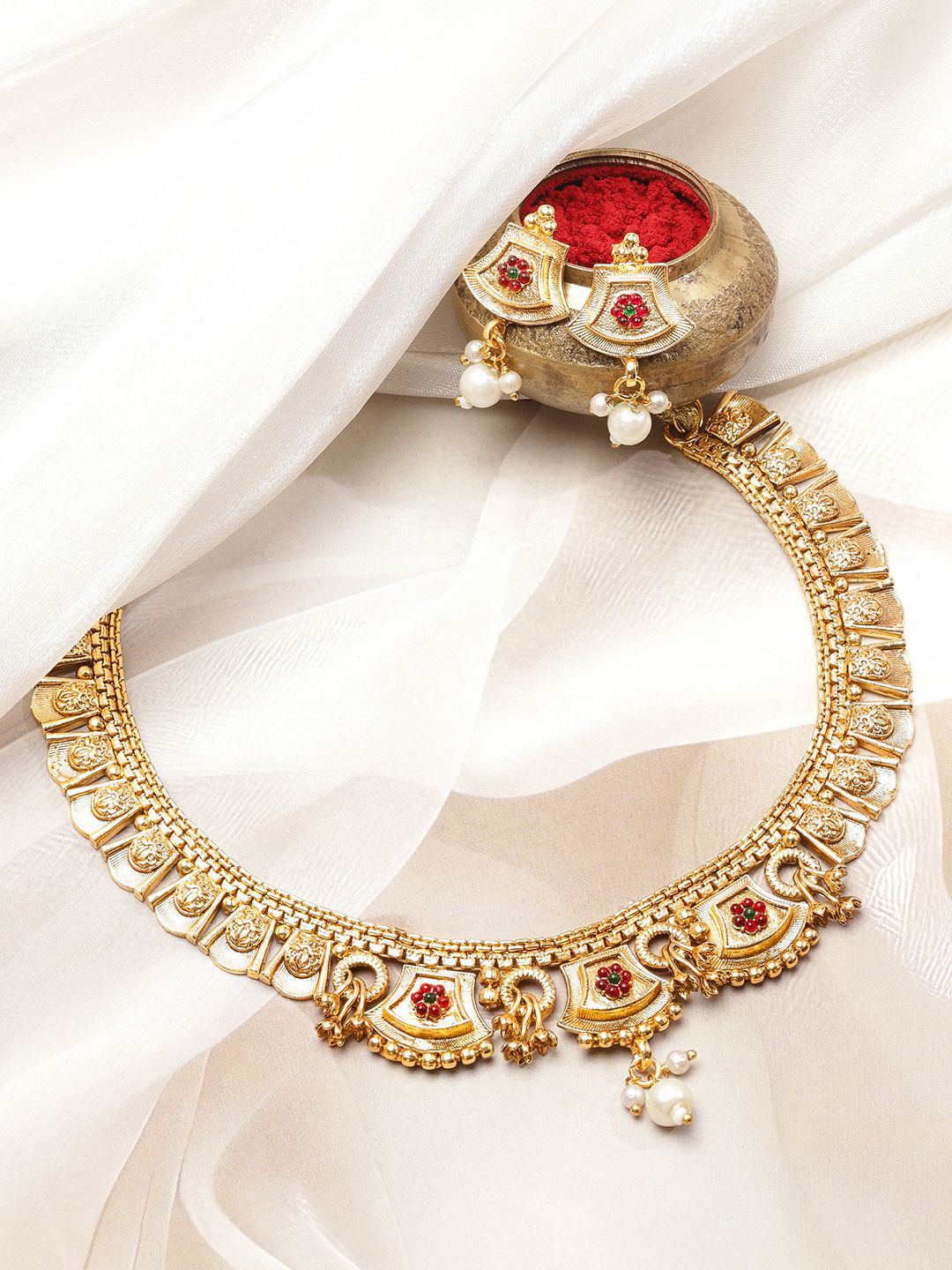 Rubans 22K Gold-Plated Ruby Red Enamel & Pearl Beaded Traditional Brass Necklace Set