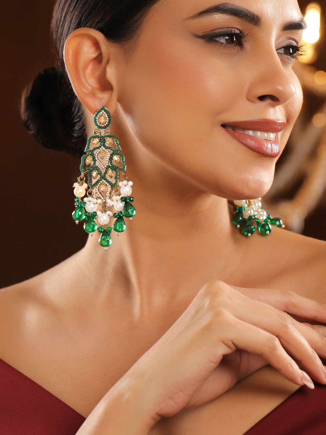 Rubans 18K Gold-Plated Emerald Green Kundan & Pearl Studded Long Chandelier Earrings