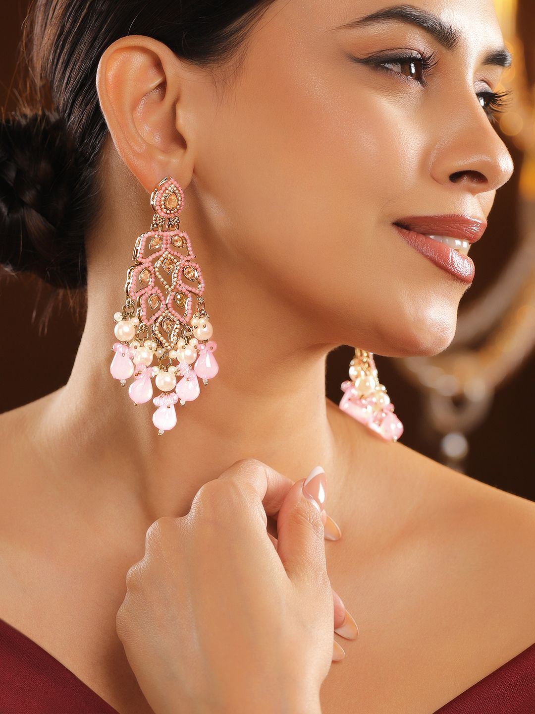 Rubans 18K Gold-Plated Baby Pink Kundan & Pearl Studded Long Chandelier Earrings