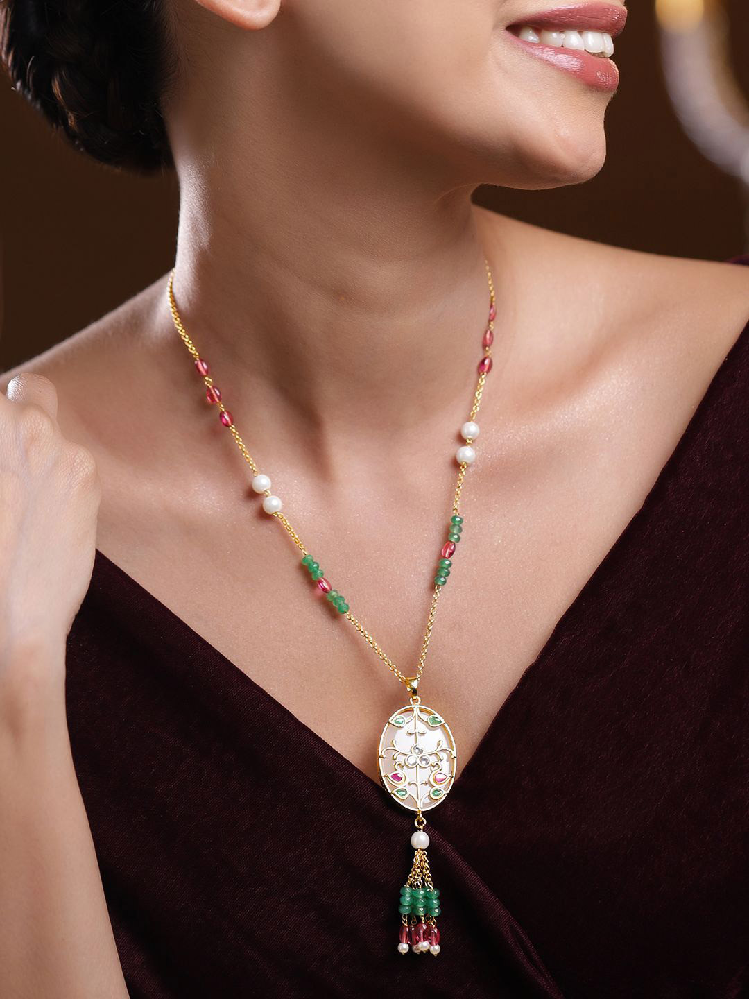 Rubans 18K Gold-Plated Kundan Pendant Necklace with Enamel Floral Green Pink Bead & Pearls