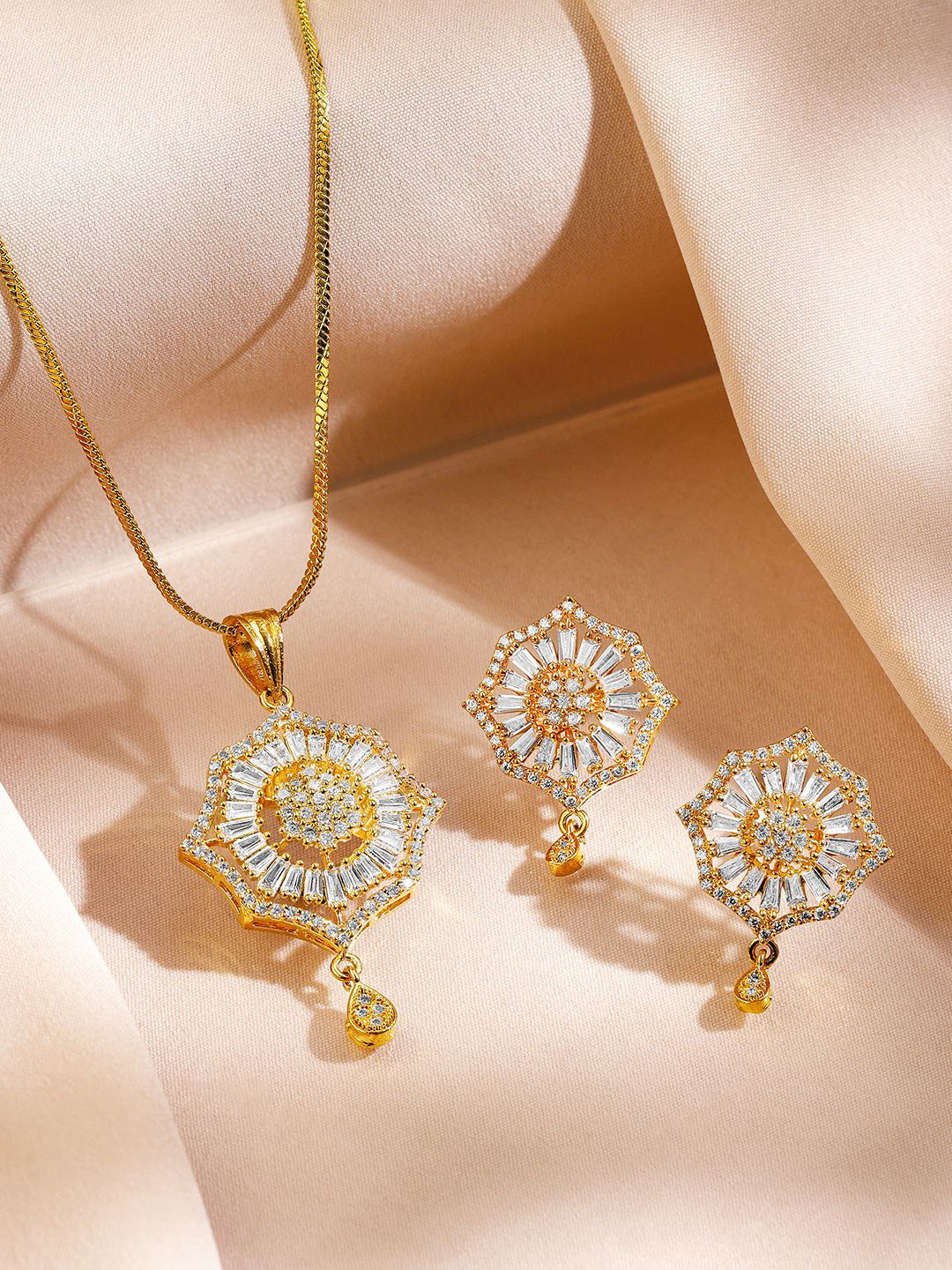 Rubans 18K Gold-Plated Cubic Zirconia Studded Starburst Drop Classic Pendant Necklace Set