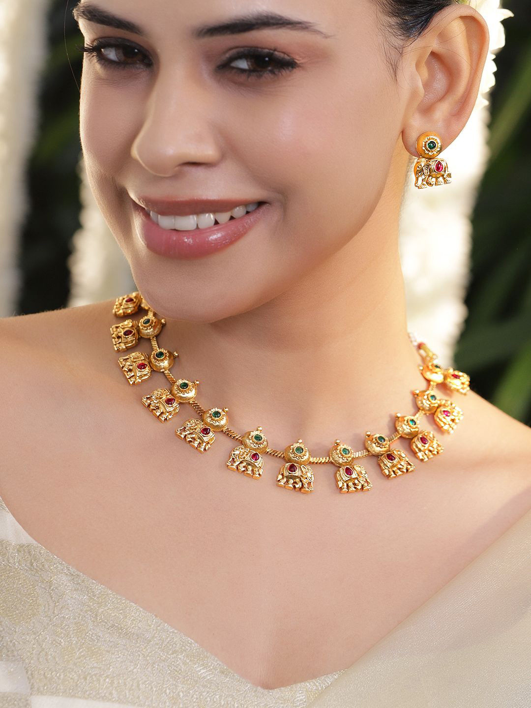 Rubans 22K Gold-Plated Ruby & Emerald Studded Elephant Motif  Brass Ethnic Necklace Set