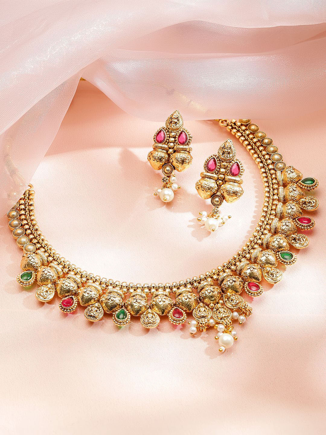 Rubans 22K Gold-Plated Ruby Pink & Emerald Necklace Set with Golden Beaded Design & Pearls
