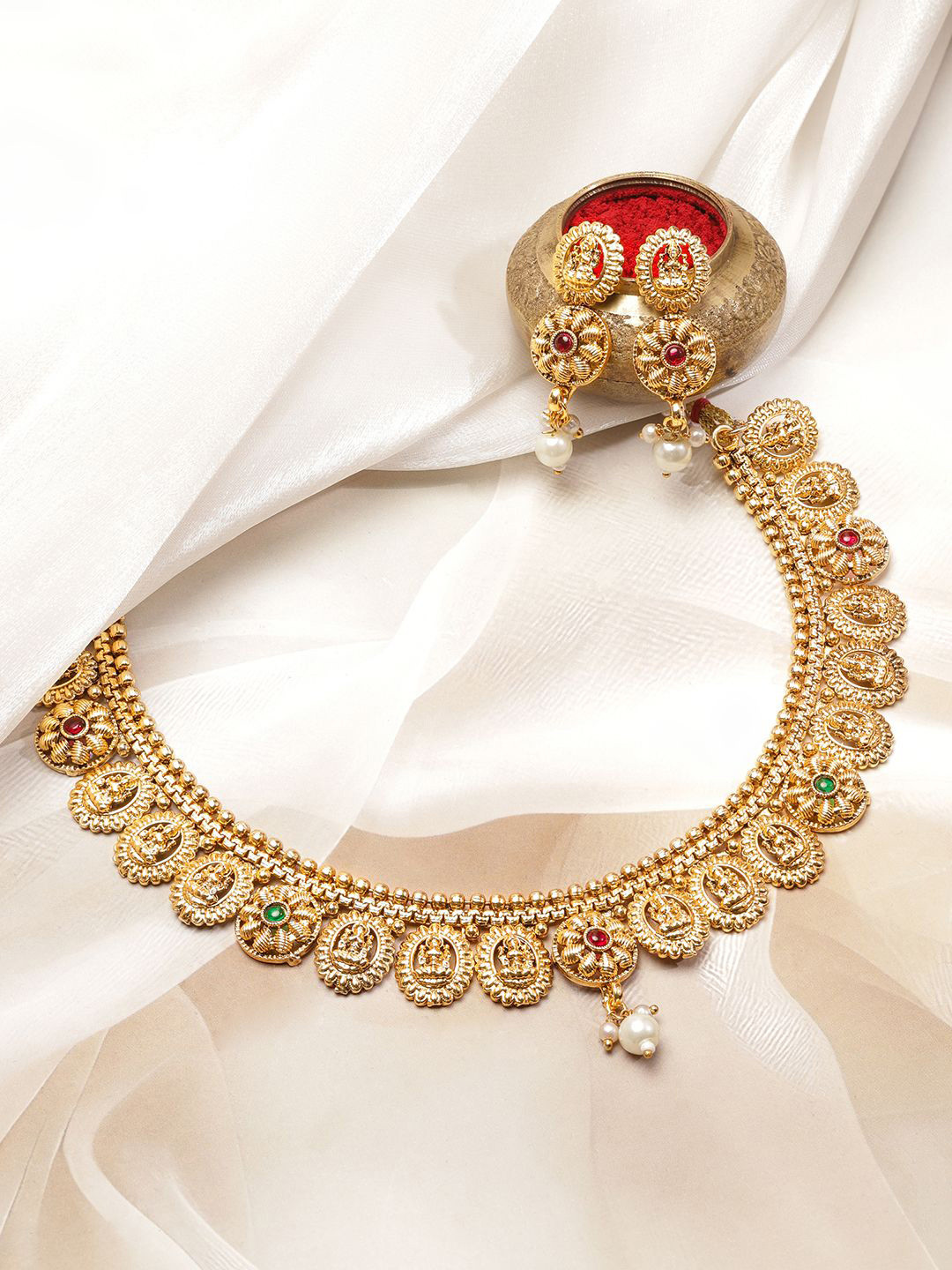 Rubans 22K Gold-Plated Lakshmi Temple Necklace Set with Ruby Emerald Stones & Pearl Drops