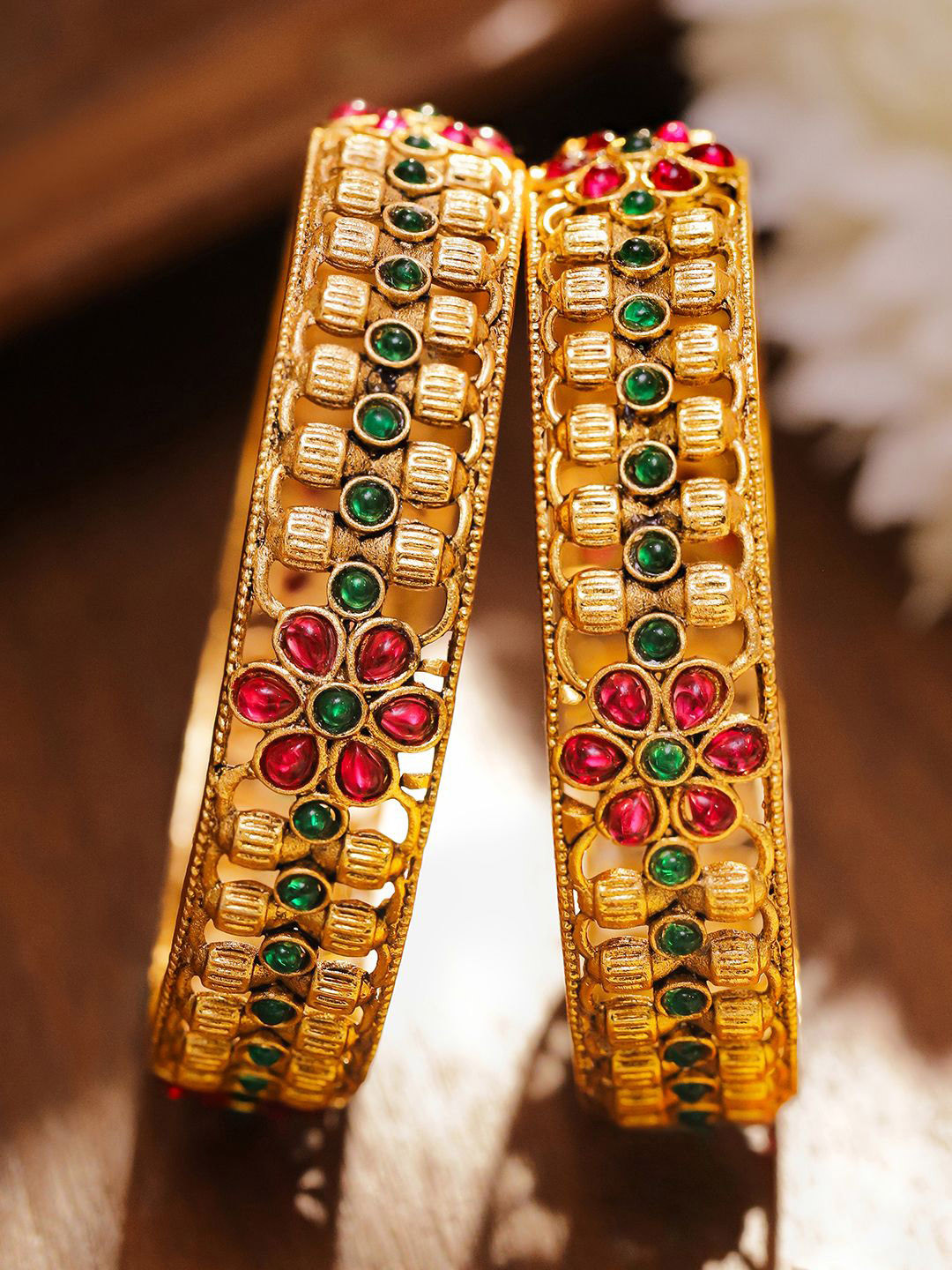 Rubans Set of 2 18K Gold-Plated Ruby Pink & Emerald Green Stone Studded Floral Bangles