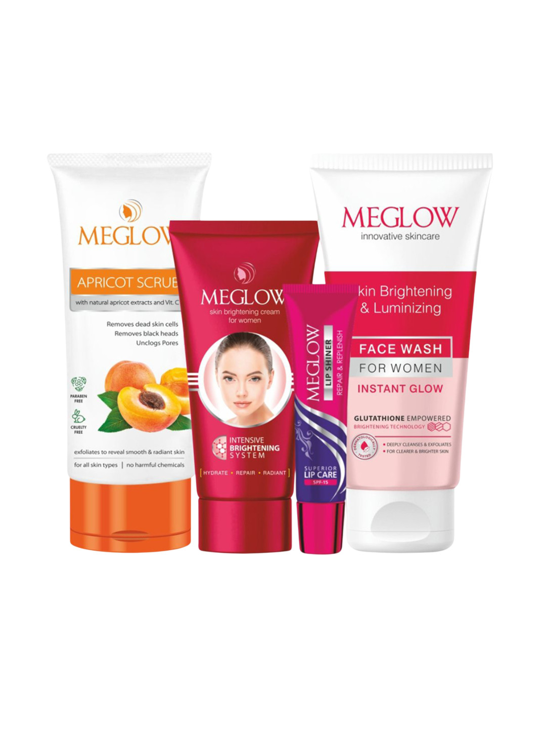 MEGLOW Set Of 4 Apricot Scrub- 70 g- Brightening Cream- 50 g- Face Wash- 70 g & Lip Shine