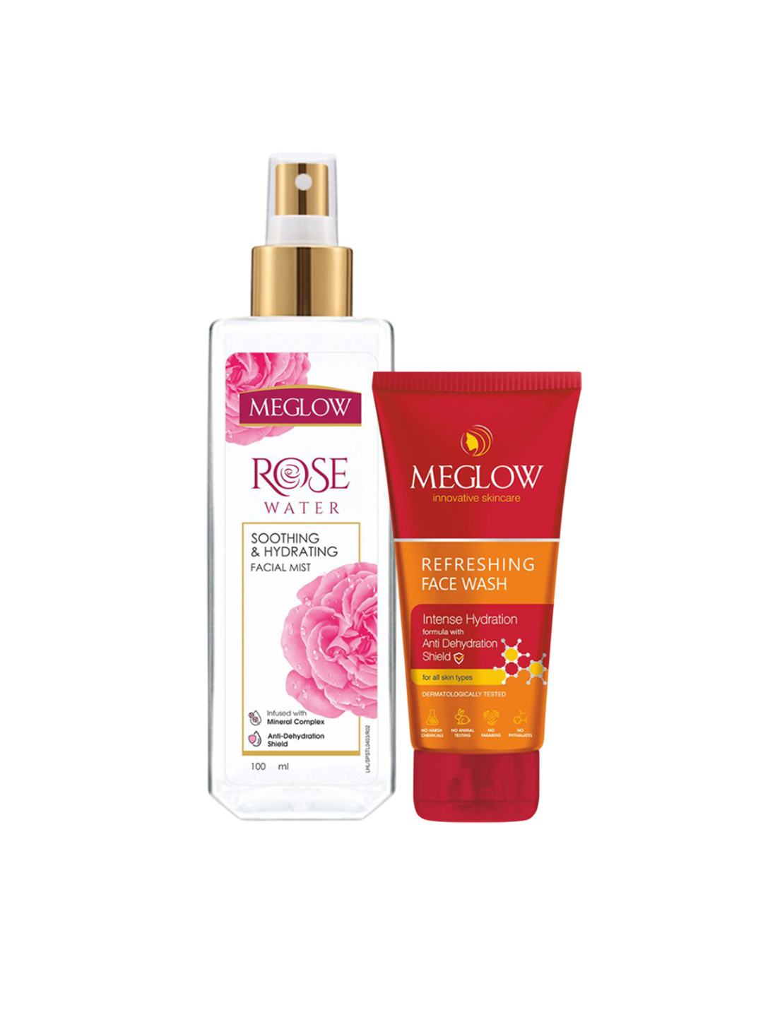 MEGLOW Set Of 2 Rose Water Toner Spray- 100 ml & Face Wash- 70 g