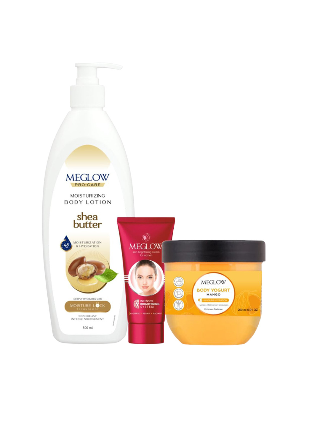 MEGLOW Set Of 3 Body Lotion - 500 ml, Skin Brightening Cream - 15 g & Body Yogurt - 200 ml