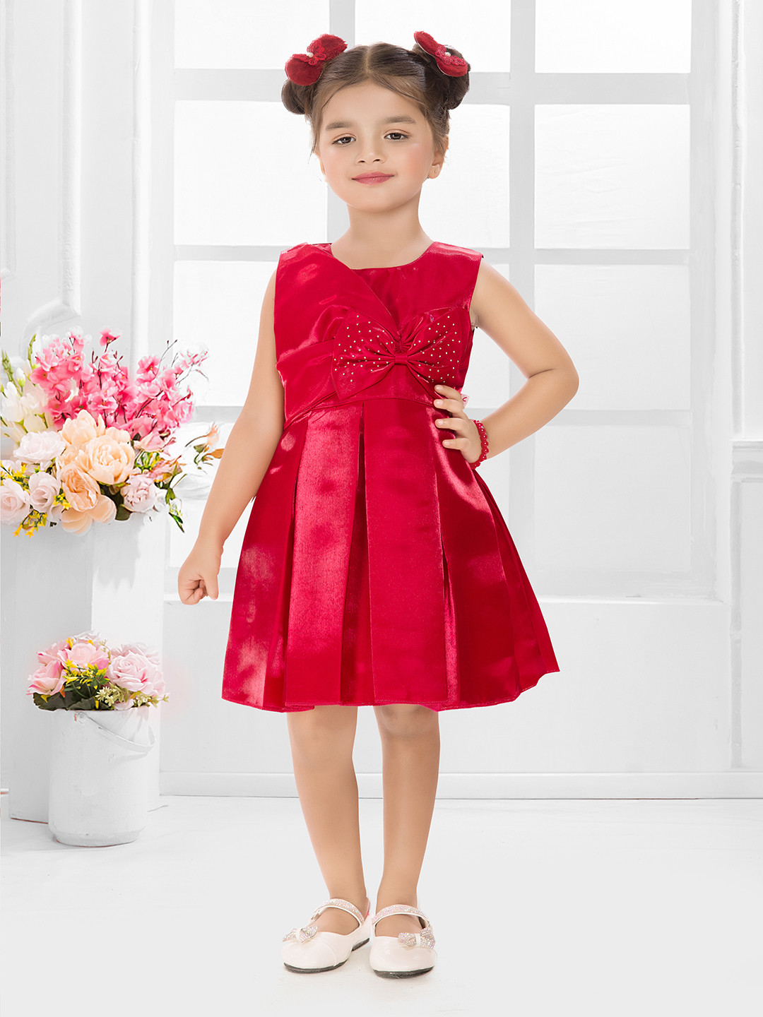 SNAZZYGIRL Girls Red Silk Blend Fit & Flare Dress
