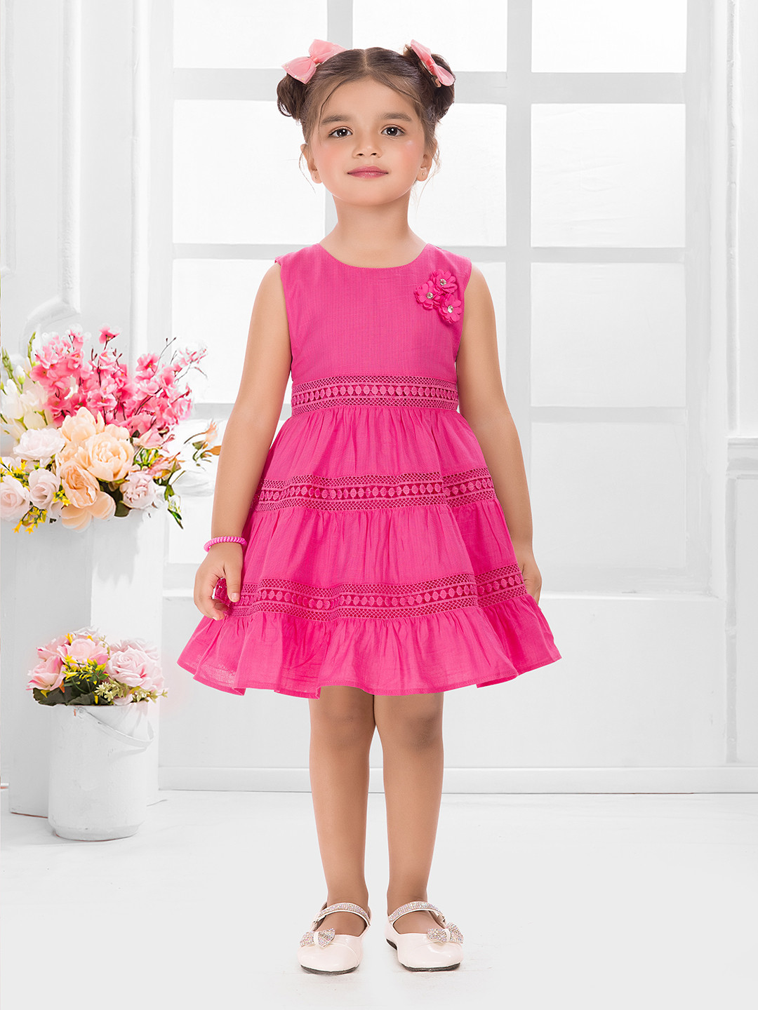 SNAZZYGIRL Pink Soft Cotton Lace Work Knee Length Fit & Flare Dress